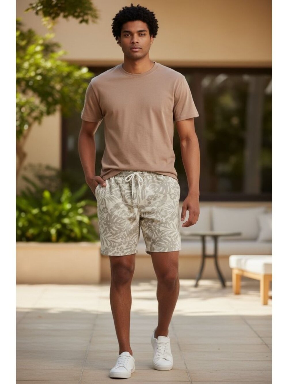 Unison Men's Tropical Print Drawstring Shorts Lightweight Fabric Elastic Waistba